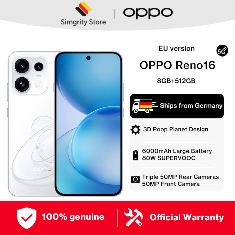EU-Version Smartphone OPPO Reno16 5G 8 GB + 512 GB 50-MP-Ultraweitwinkel-Selfie-Kamera AI Remix Collage 6000 mAh 80 W 6,32 Zoll Offizielle Garantie OnePlus