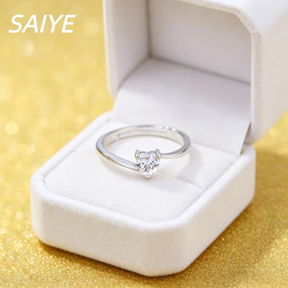 

925 Sterling Silver Heart Cut CZ Diamond Solitaire Ring, Adjustable Promise Engagement Wedding Band for Women