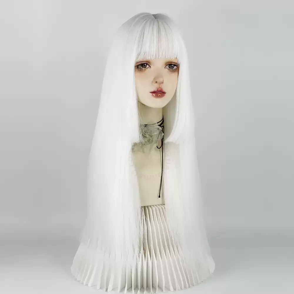 White Long Straight Hime Cut Wig, Full Head Synthetic Wig, Heat Resistant Hair for Halloween Lolita Cosplay Daily Party Wear