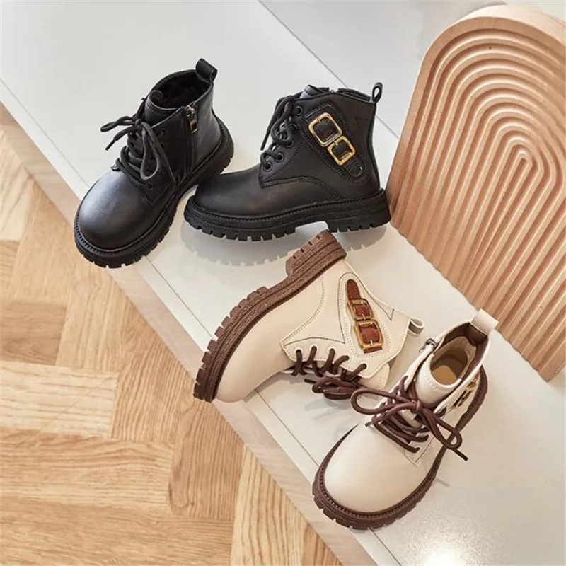 Autumn Winter Fashion School Girls Leather Short Boots Metal Exquisite Decoration Kid Lace Up Zip Shoes Boy Plush Pu Ankle Boots