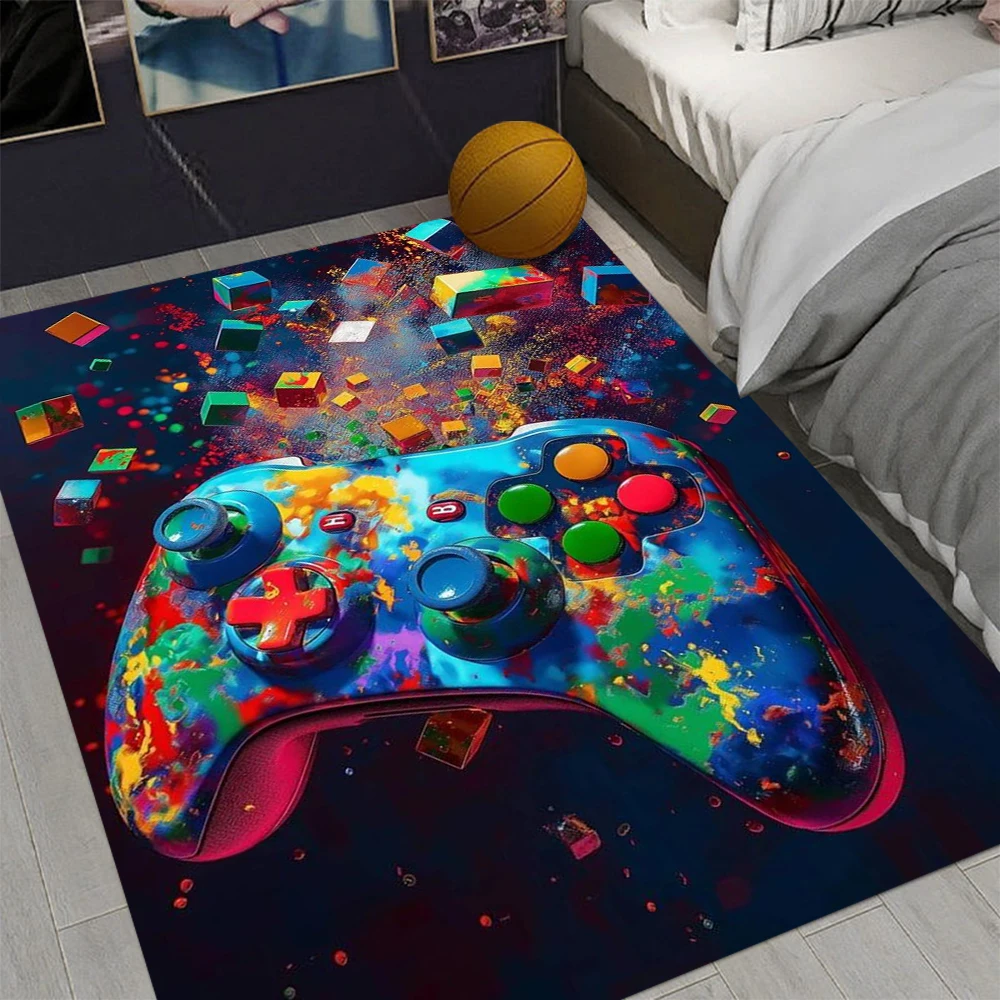 Tapis de sol en flanelle à motif de manette de jeu colorée, design vibrant, doux et confortable pour salle de jeux