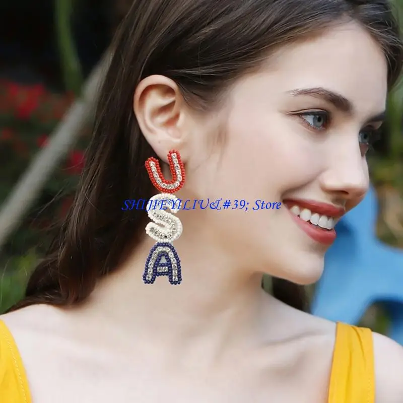 E21F Red/White/Blue USA Letter Earrings American Independence Day Earrings Jewelry