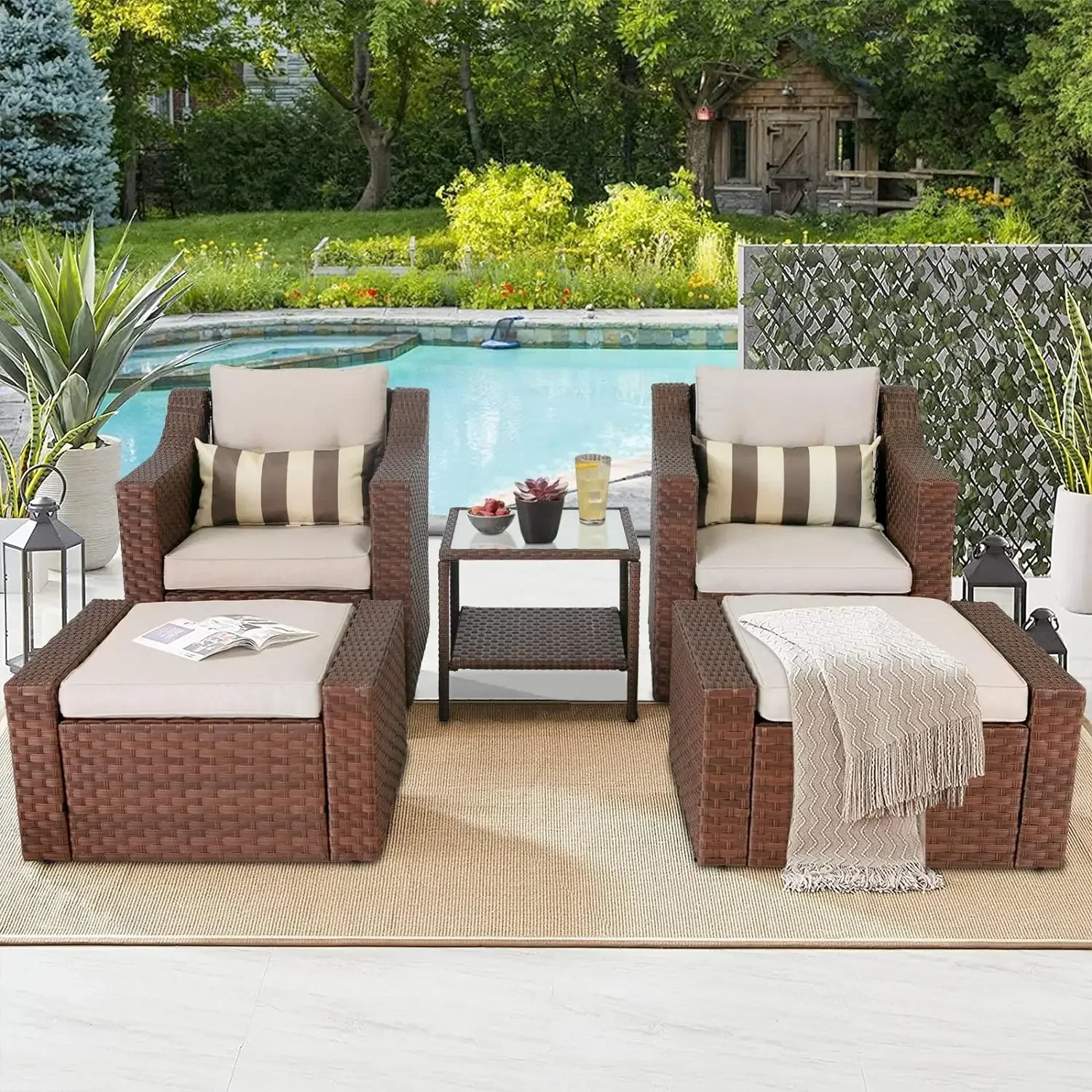 5-teiliges Patio-Gesprächs set Gartenmöbel-Set Grey Wicker Lounge Chair mit Ottomane Fuß stütze mit/Couch tisch & Kissen