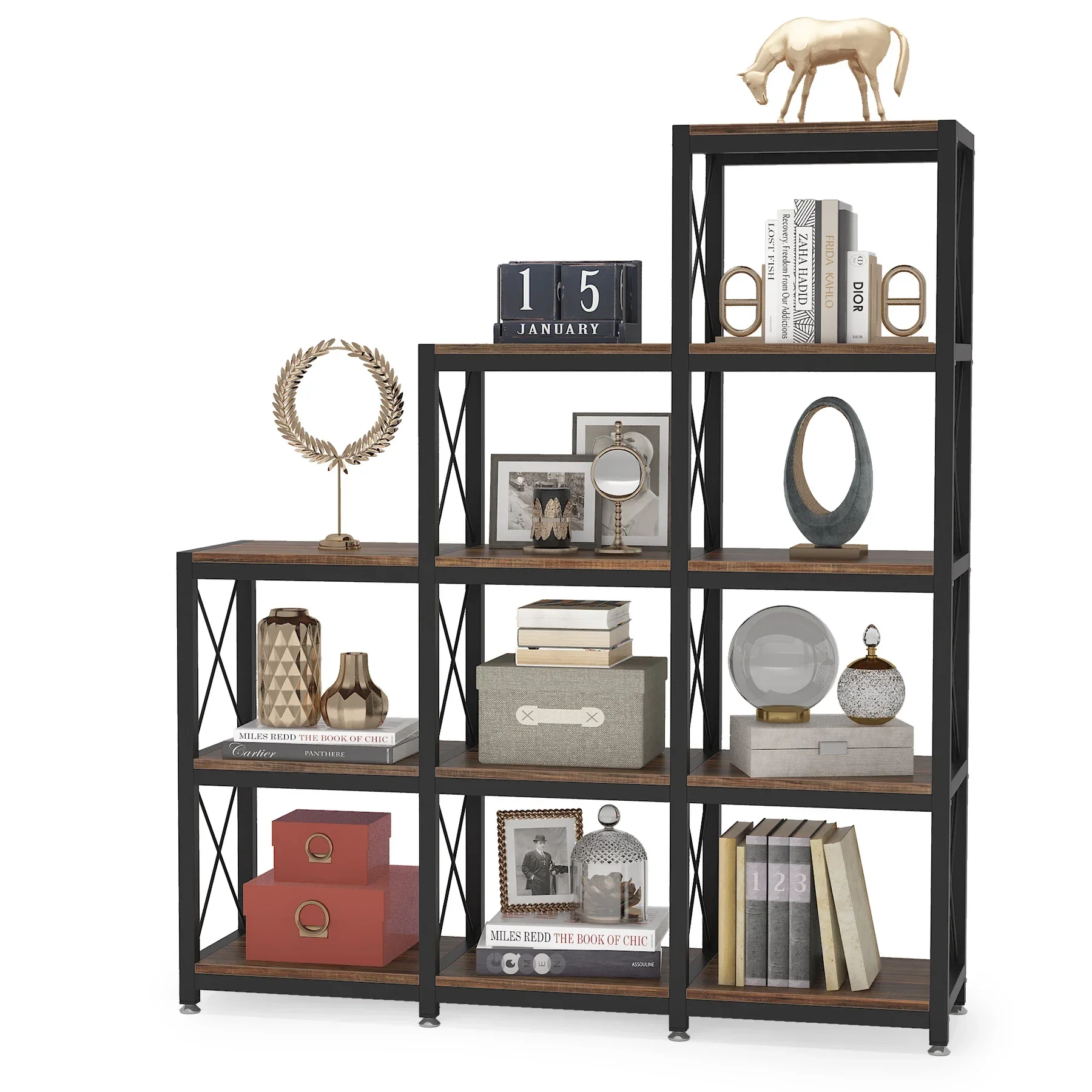 Tribesigns 12 Shelves Bookshelf, Industrial Ladder Corner Bookshelf 9 Cubes Stepped Etagere Bookcase