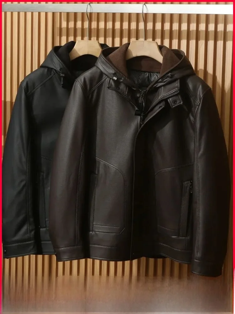 

Men's High-End Detachable Hooded Leather Jaet down Coat Zipper Sle Windproof 3D Design Warm Casual Faion Winter Outerwear