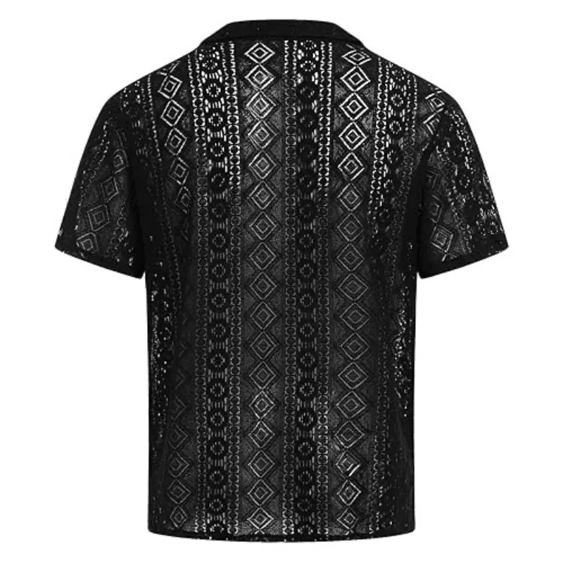 Holiday Casual Cutout Top Men’s Wear New European and American Fashion Men's Lace Short-sleeved Shirt with See-through Buttons
