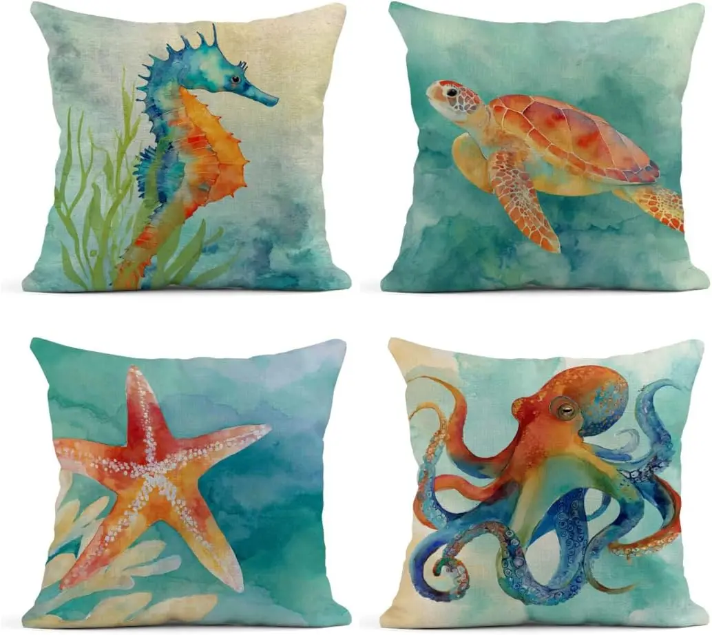 

4Pcs Ocean Animal Throw Pillow Covers, Vibrant Starfish and Octopus Cushion Cases for Living Room Bedroom Sofa Home Decor