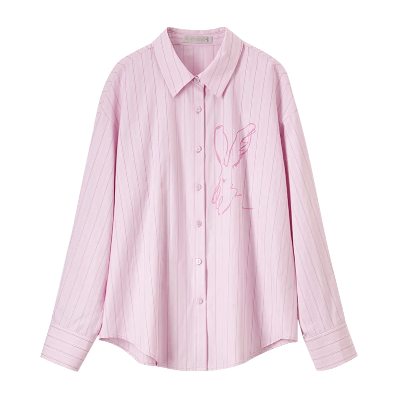 SENTUBILA Baumwolle Druck Shirts Frauen 2025, Frühjahr Neue Gestreiften Komfort Lose Drehen Unten Kragen Langarm Blusen 151C57965