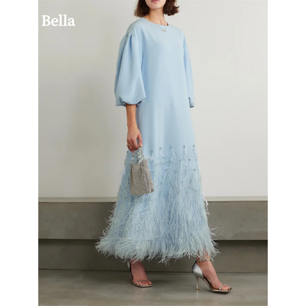 Bella Sky Blue O-neck Long Sleeves Feathers Prom Dress Elegant Ankle-length فساتين سهرة Modest A-line vestidos de fiesta 2024