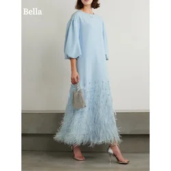 Bella Sky Blue O-neck Long Sleeves Feathers Prom Dress Elegant Ankle-length فساتين سهرة  Modest A-line vestidos de fiesta 2024