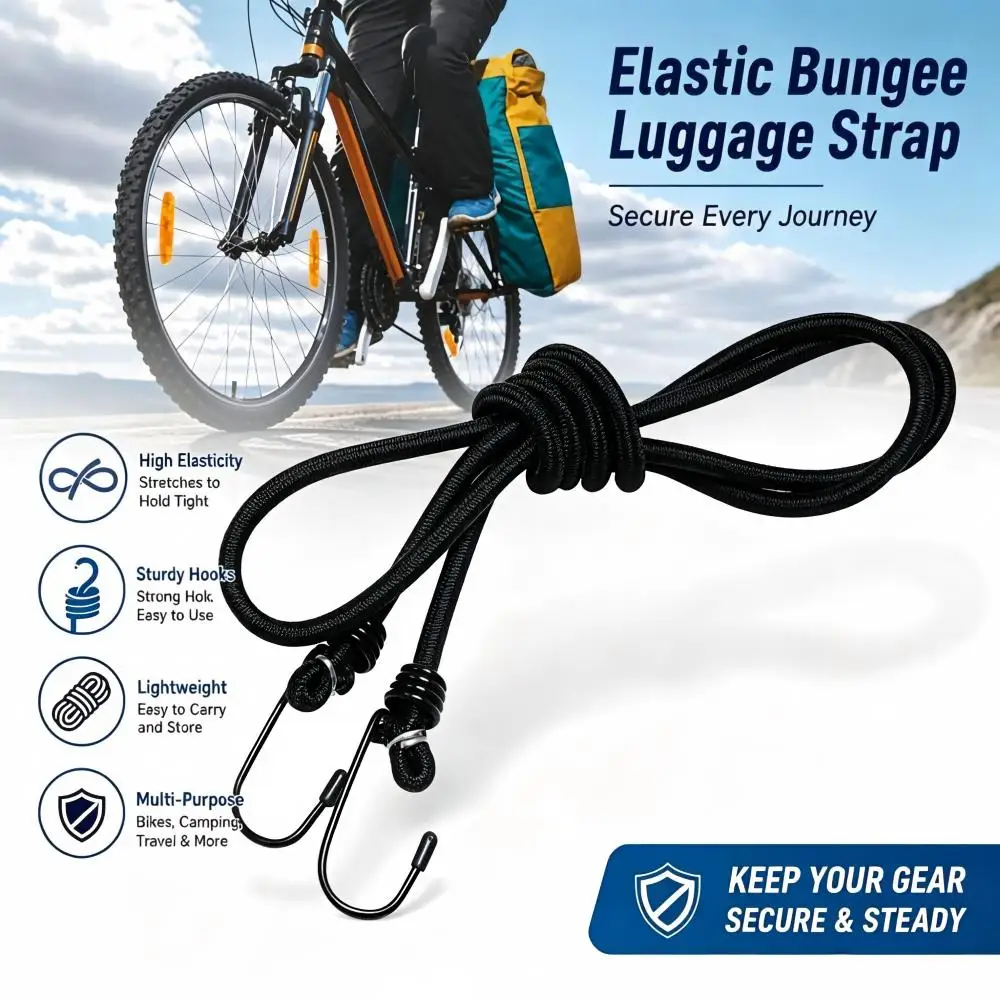 30/90CM Black Elastic Bungee Strap Double Metal Hooks Shock Rope Reusable Tie Down Cord for Luggage Fixing Camping Travel Use
