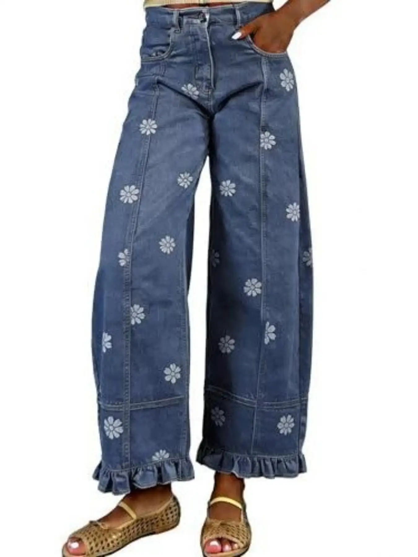 Vintage Jeans mit Gänseblümchenmuster für Damen, hohe Taille, floraler Saum, locker geschnittene, abgenutzte, lässige lange Hose, Retro-Unifarben-Design. – Detail 6