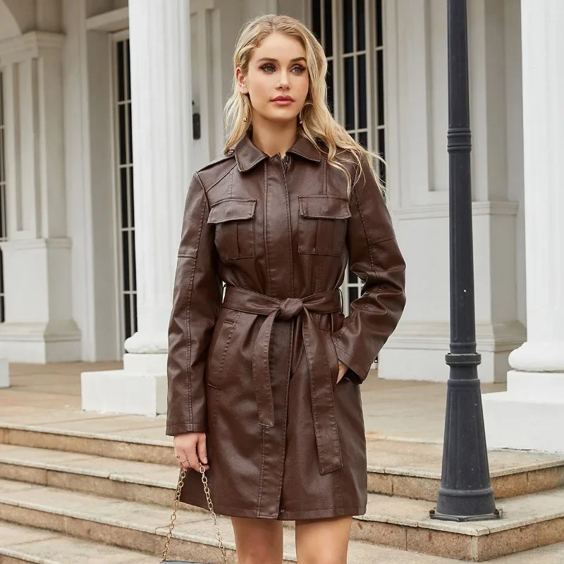 Veste en cuir mi-longue pour femmes avec ceinture, européenne et américaine, à manches longues, britannique à la mode, printemps et automne, nouvelle collection