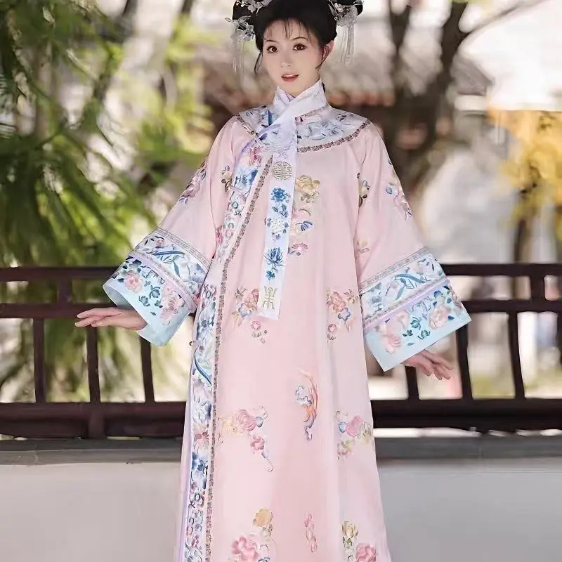 Original Qing Dynasty Printed Ancient Costume, Manchu Gege Yanji Style Cheongsam Princess Hanfu Chinese Historical Clothes