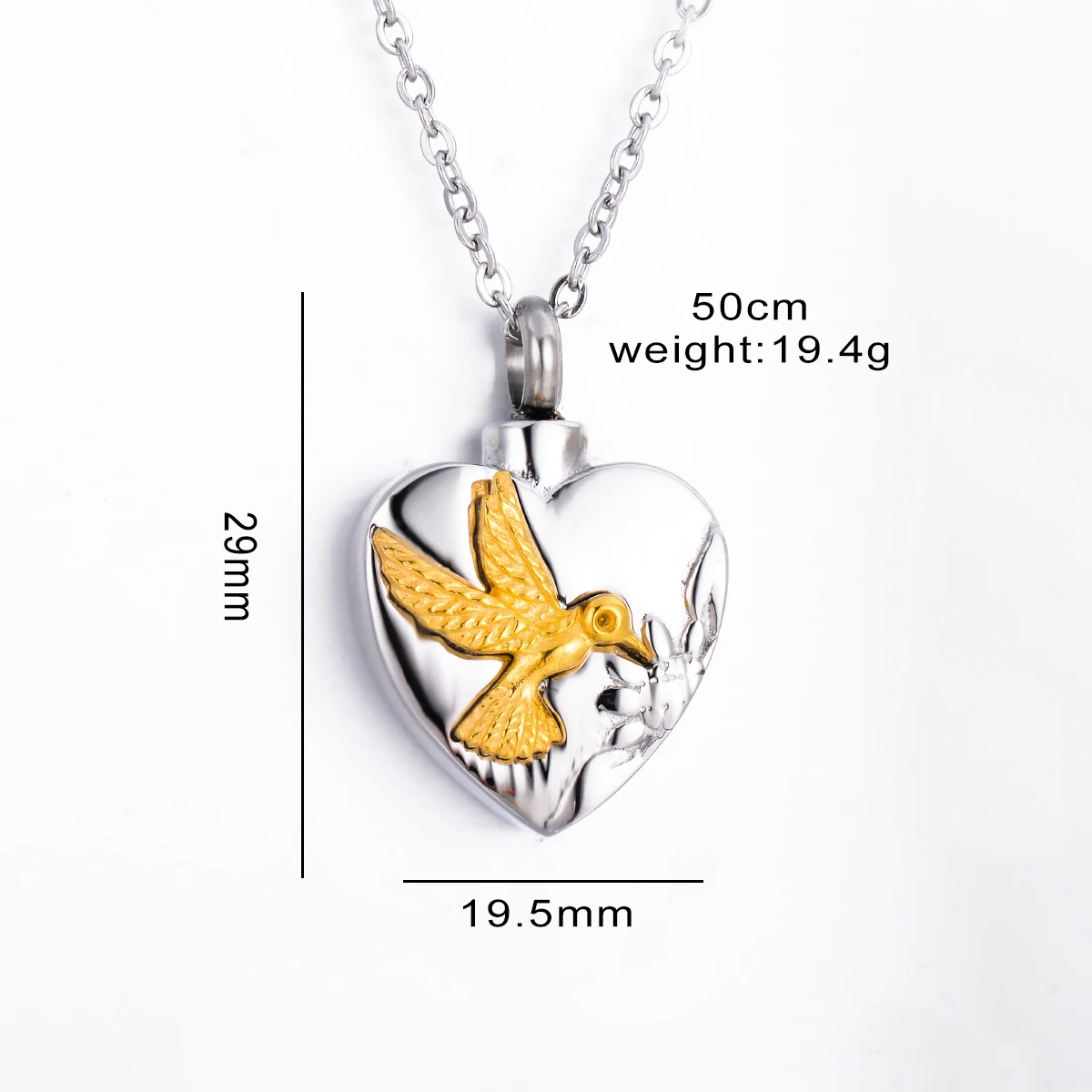 Stainless Steel Heart-shaped Urn Necklaces for Ashes Hummingbird Pendant Animal Cremation Memory Jewelry with Funnel Spoon