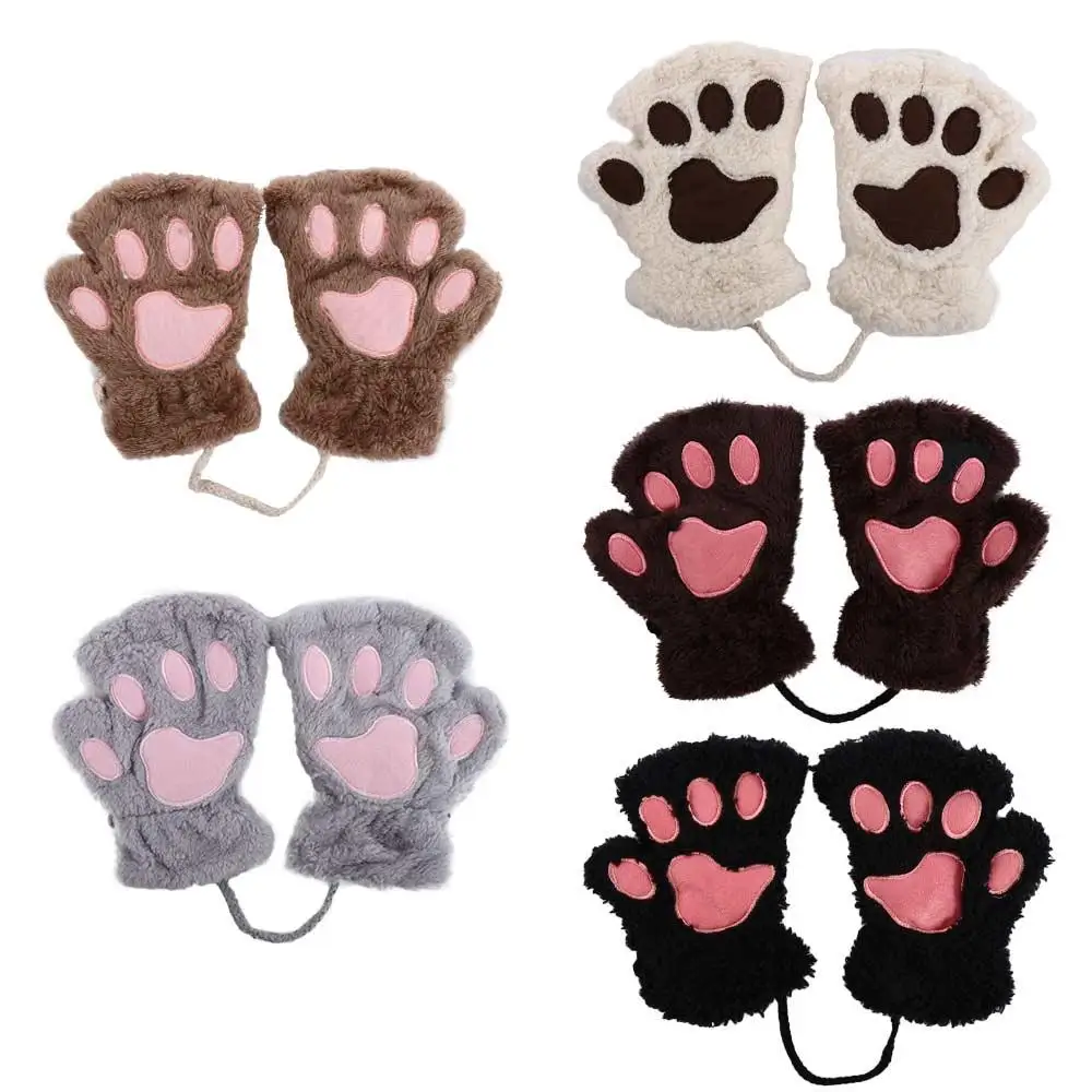 น่ารักน่ารักยี่ห้อใหม่ Fluffy Cat Multi-สี WARM Soft Plush ฤดูหนาว Bear PAW Fingerless ถุงมือ