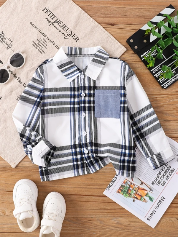 Spring and autumn boys' plaid printed lapel single-breasted pocket long-sleeved casual shirt