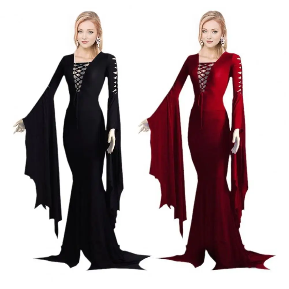 

Sheath Dress Elegant Lace-up Halloween Maxi Dress for Women with Irregular Ruffle Cuff Bell Sleeves Hollow Out for Vampires