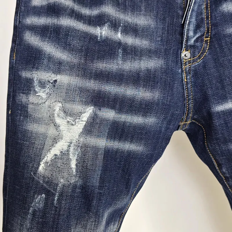 Men's Slim Fit Blue Jeans Pleated Washed Stretch Hip-Hop Brand Y2K Designer Fashion Nostalgic Hipster Casual Trousers