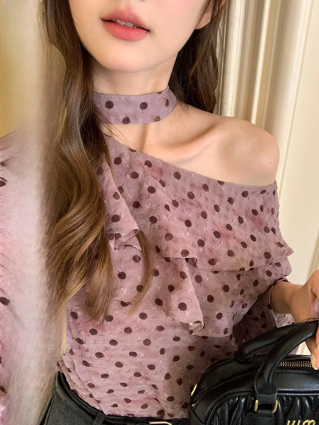 

Retro Polka Dot Asymmetrical Shoulder Shirt Women's Spring New Korean Style Design Sense Top Breathable Long Sleeve Casual Bl...
