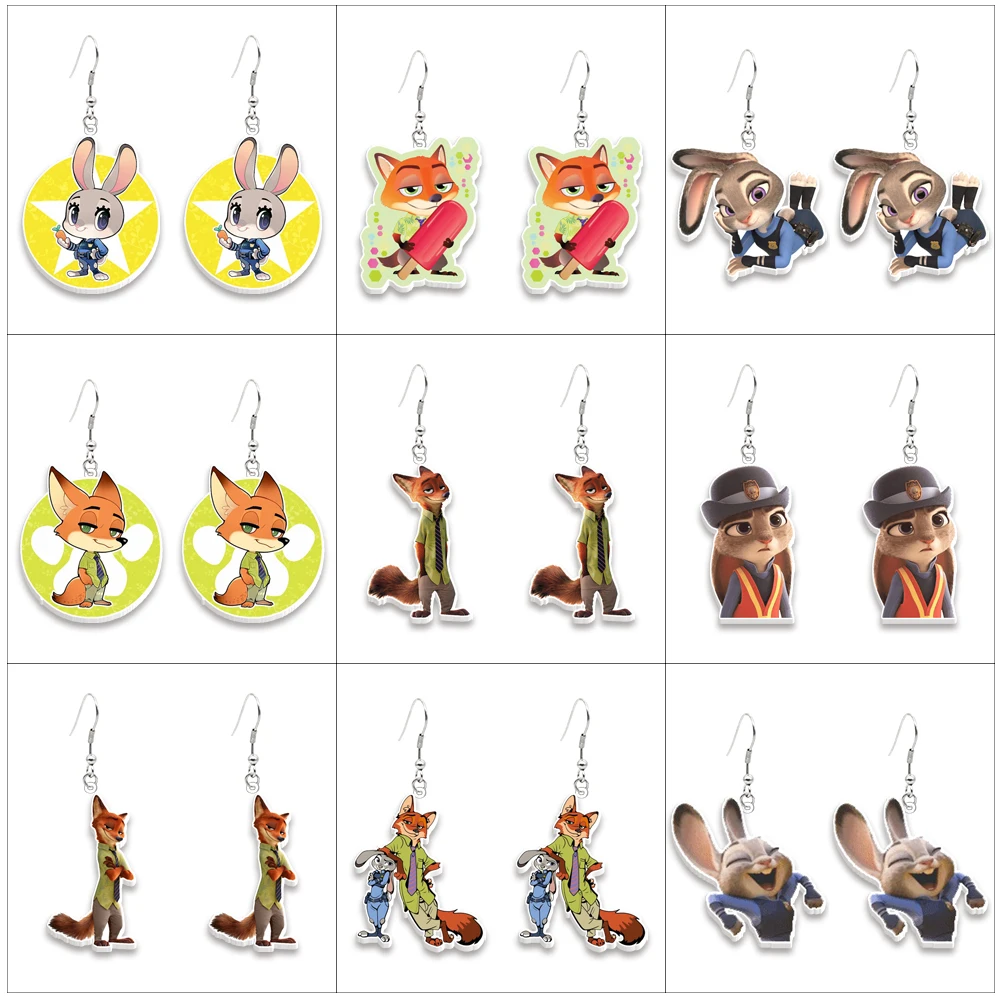

W Disney Zootopia Nick Wilde Judy Hopps Acrylic Earrings Cartoon Figure Pendant Ear Drop Earrings Jewelry