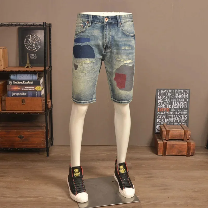 夏レトロヴィンテージ刺繍デニムショートパンツメンズトレンディブランドスリムフィットストレートレッグ弾性ウォッシュカジュアル 5 クォーターパンツ