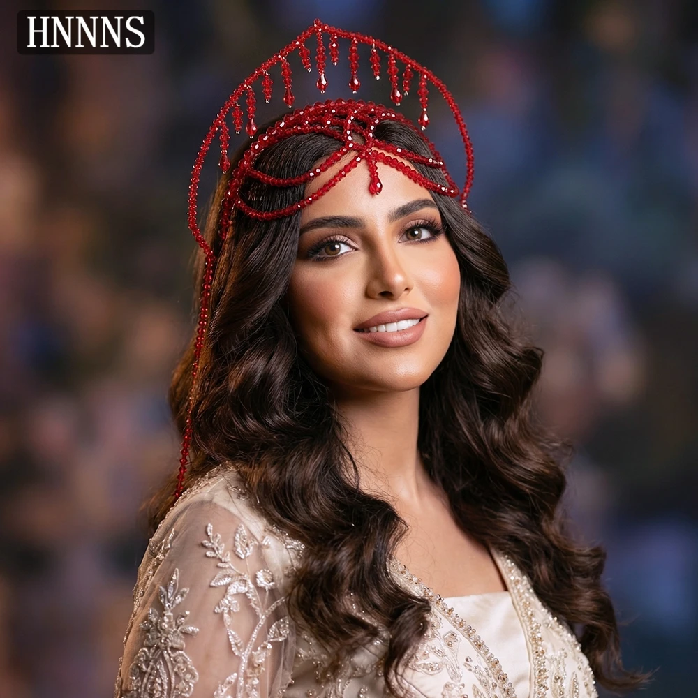 

TOPQUEEN Luxury Bridal Wedding Crown Headband Handmade Red Color Beaded Tassel Hair Accessories Women Party Headpiece YXA417