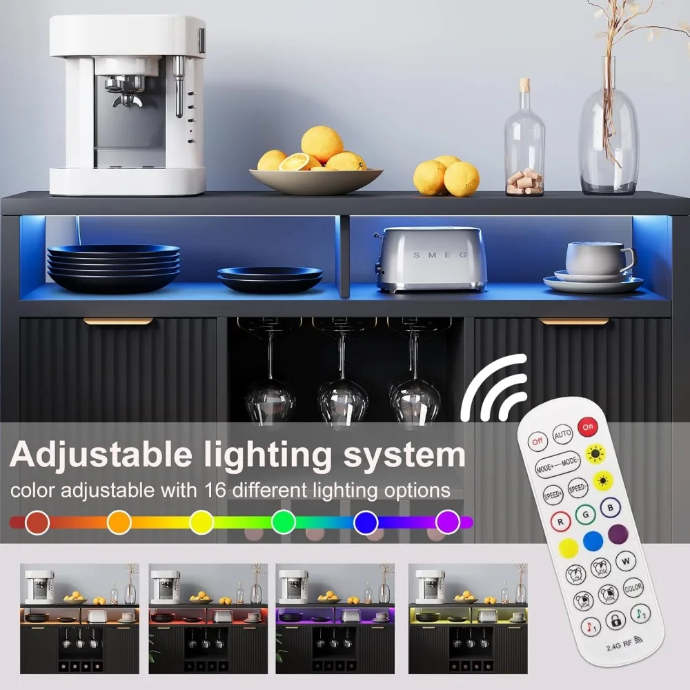 LED-Illuminated Home Bar Cabinet with Charging Station, Wine Rack, Storage, and Coffee Bar Functionality