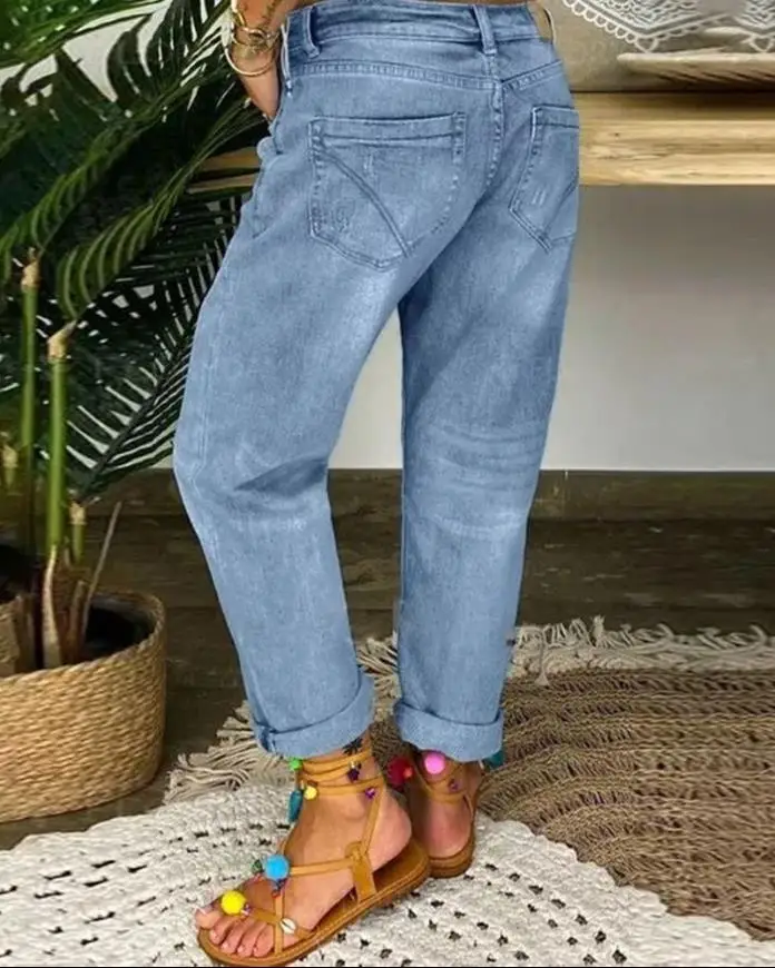 Women's casual trousers 2024 Spring/Summer Latest Button Fly Ripped Button Pocket Low Waist Straight Daily Versatile Denim Jeans