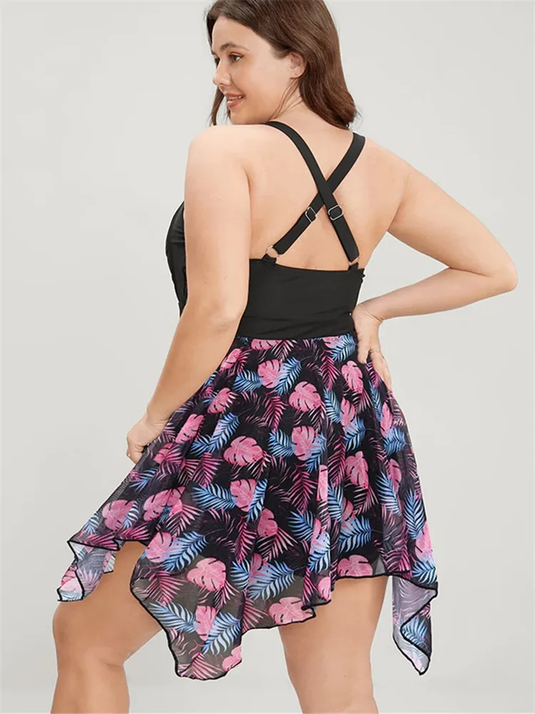 Traje de baño de una pieza de talla grande para mujer, traje de baño de Control de barriga, vestido de baño de falda, trajes de baño estampados, Vestido de playa elegante