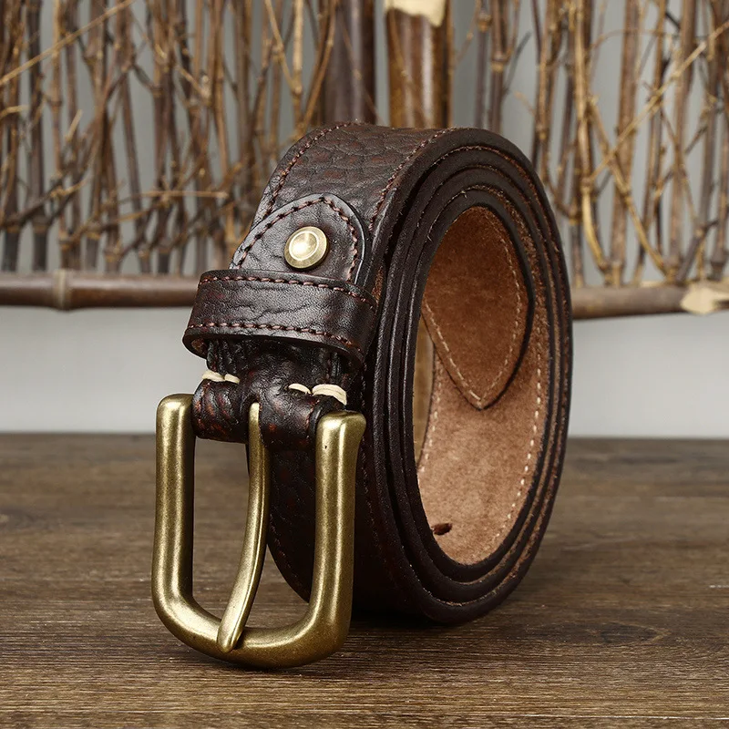 3.8 CM Pure Cowhide Genuine Leather for Men's High Quality Jeans Brass Buckle Belts Cowboy Waistband Male Thickened Bison Skin