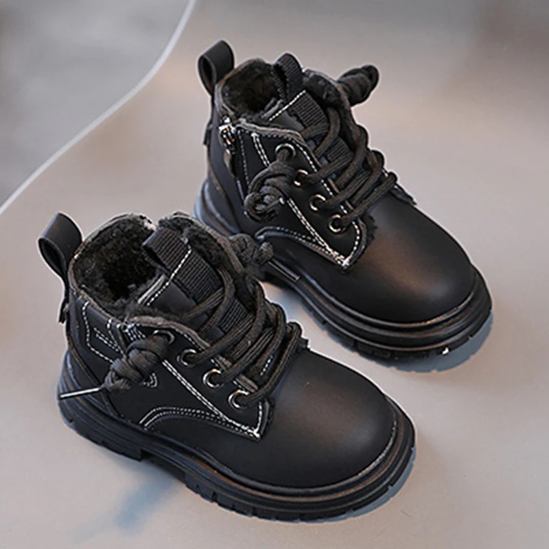 Fashion Kids Boys Girls Boots British Style Winter Warm Short Boots Children Casual Anti-slip Zipper Leather Shoes