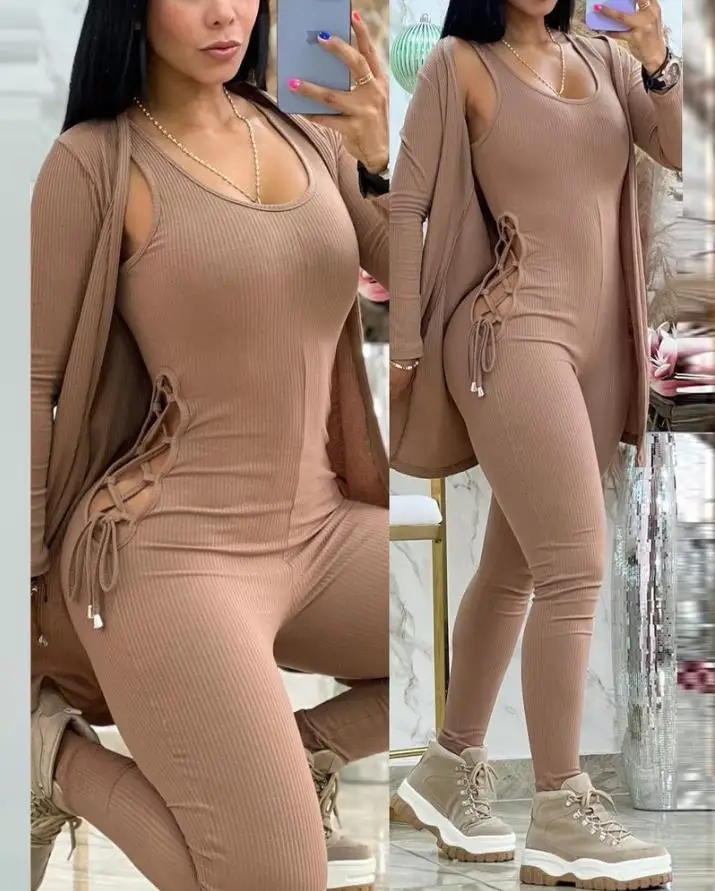 

Khaki Regular Thread Sleeveless Vest with Waist Tie and Hollow Waist Closure, Tight Pants, Jumpsuit with Casual Cardigan Jacket