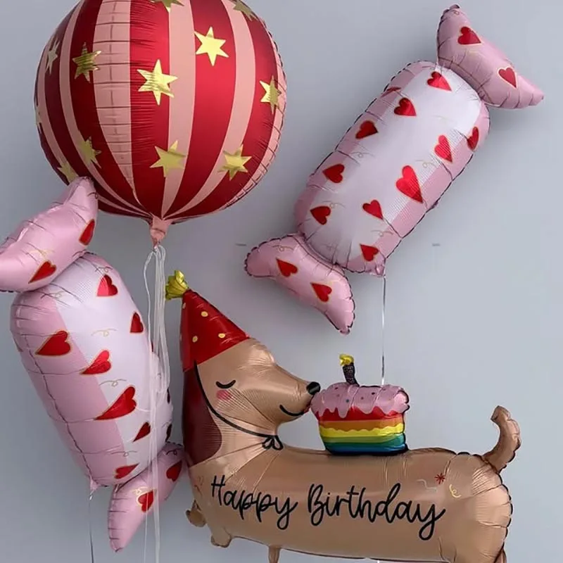 4 Stück Cartoon Geburtstagstorte Dackel Hund Bonbonherzen Folienballon 4D Rot Gestreifter Ball Hund Thema Geburtstagsparty Deko Zubehör
