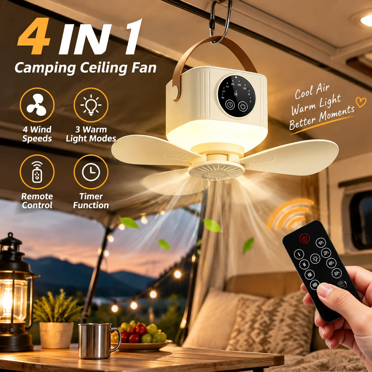 Rechargeable Hanging Fan Portable Camping Fan 4 Speed 3 Level Night Light Remote Control 7200mAh For Dorm Bedroom Tent
