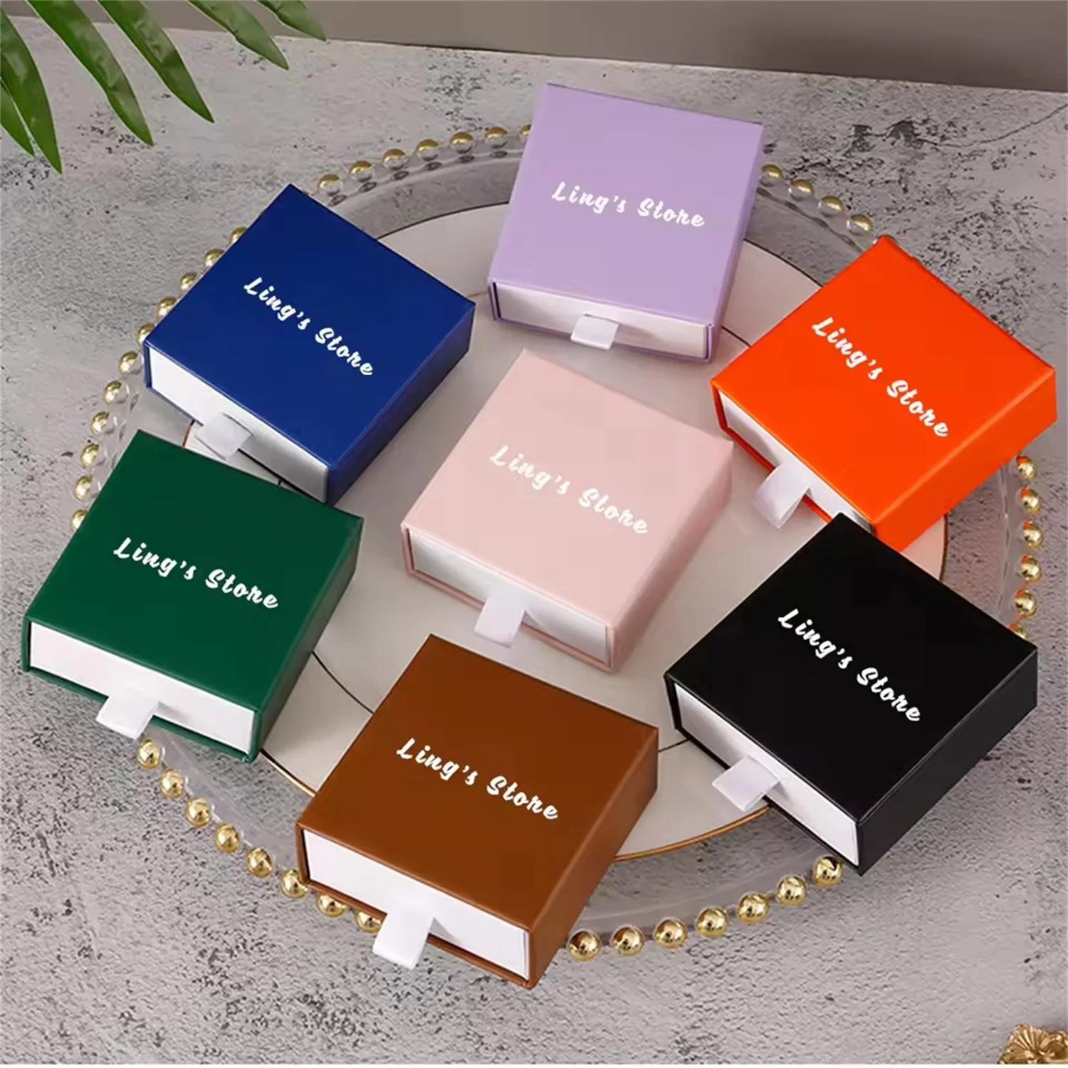 50Pcs Custom Logo 9x9x3.2cm Jewelry Drawer Box With White Sponge For Ring Earrings Bracelet Pendant Necklace Stud Gift Packaging
