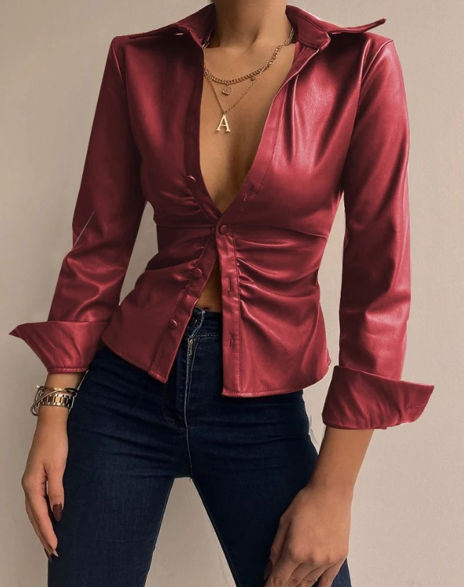 Casual Ruched Long Sleeve Blouse for Women 2024 Spring Autumn New Fashion Turn-Down Collar Pu Leather Button Down Shirt