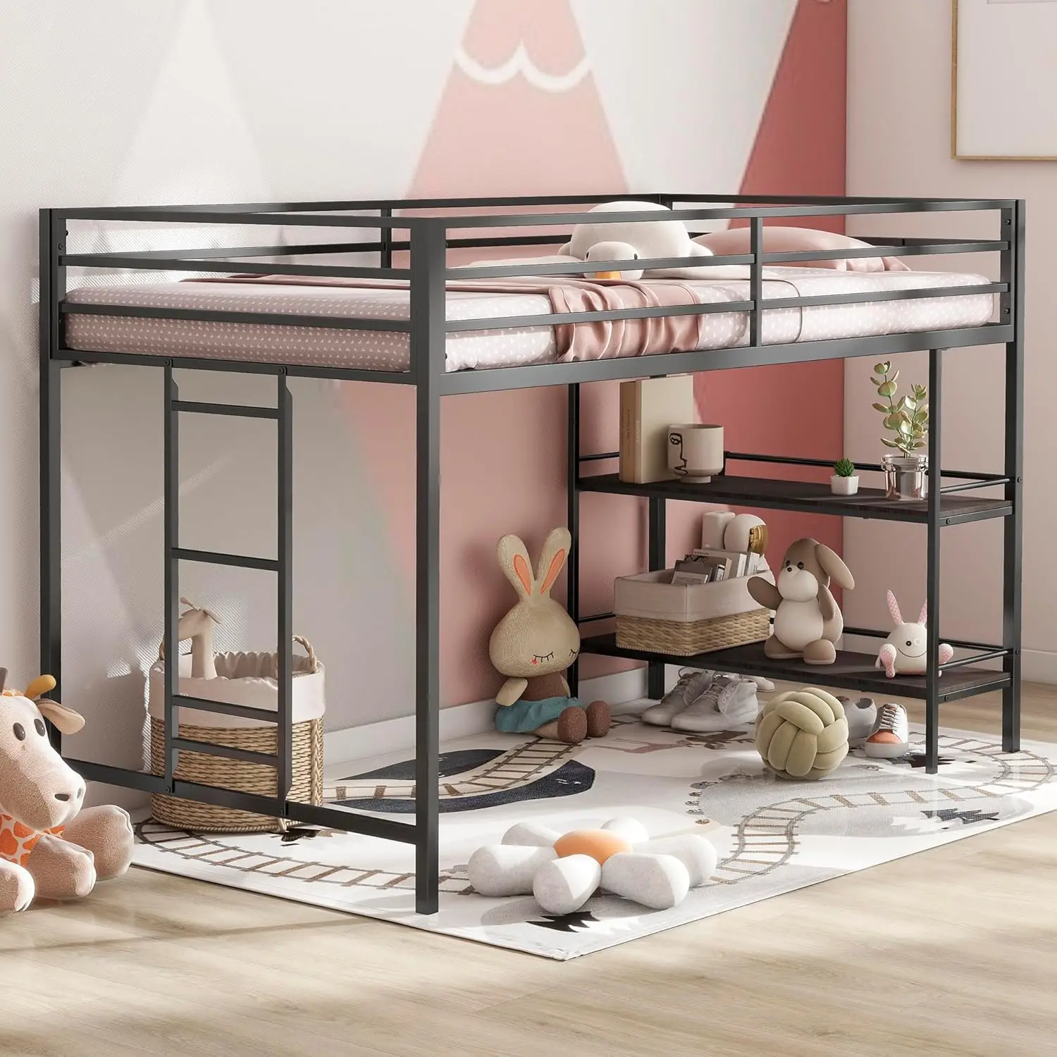 Twin Size Low Loft Bed With Shelf For Kids,Metal Loft Bed Frame For Boys Girls,Kids Loft Bed Twin Size,Junior Low Loft Bed,