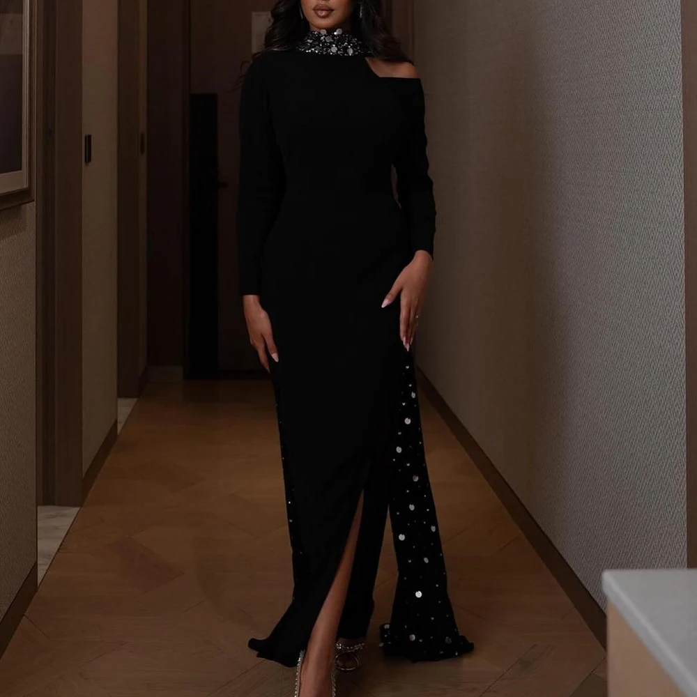 

Customized Exquisite Sequined High Neckline Floor Length Side Slit платье вечернее Sheath Jersey Long Sleeves Vestidos De Fiesta