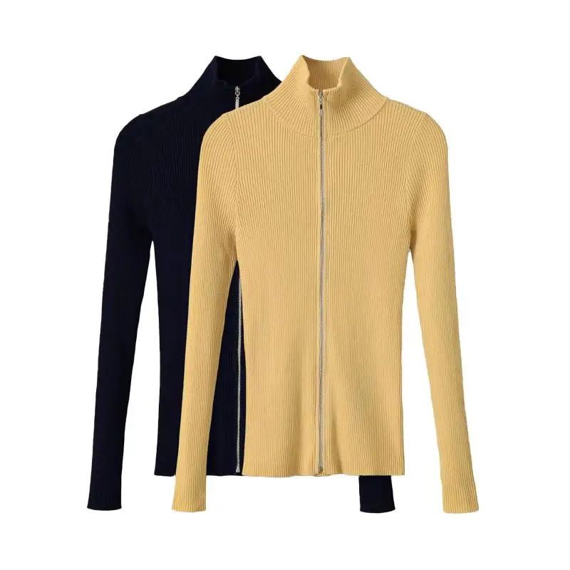 Maxdutti Sud de Francia, chaqueta de punto con cuello alto, diseño minimalista, corte ajustado, tejido de canalé, suéter para mujer, ropa de punto, cárdigan.