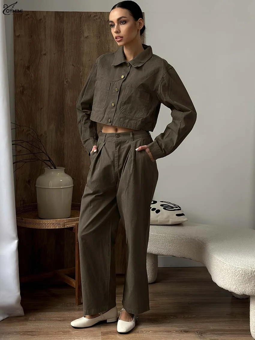 

Oymimi Elegant Brown Cotton 2 Piece Sets Woman Outfit Autumn Lapel Long Sleeve Button Pockets Shirts And Straight Trousers Sets