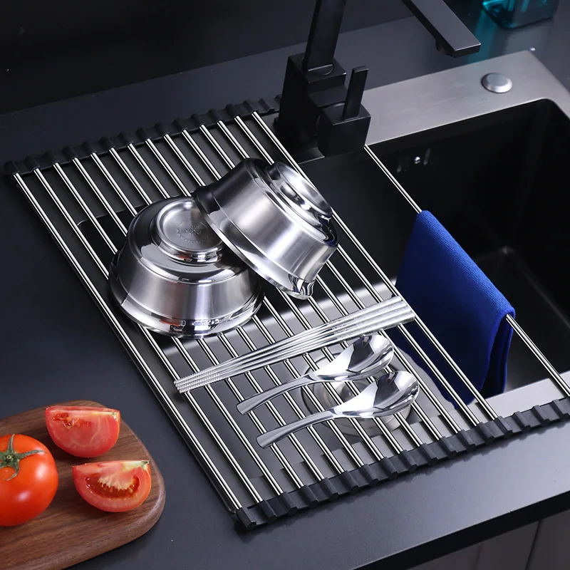 Kitchen Roller Shutter Drain Rack 304 Stainless Steel Bowl Fruit Vegetable Dish Holder Sink Storage Folding Roller Shutter Racks