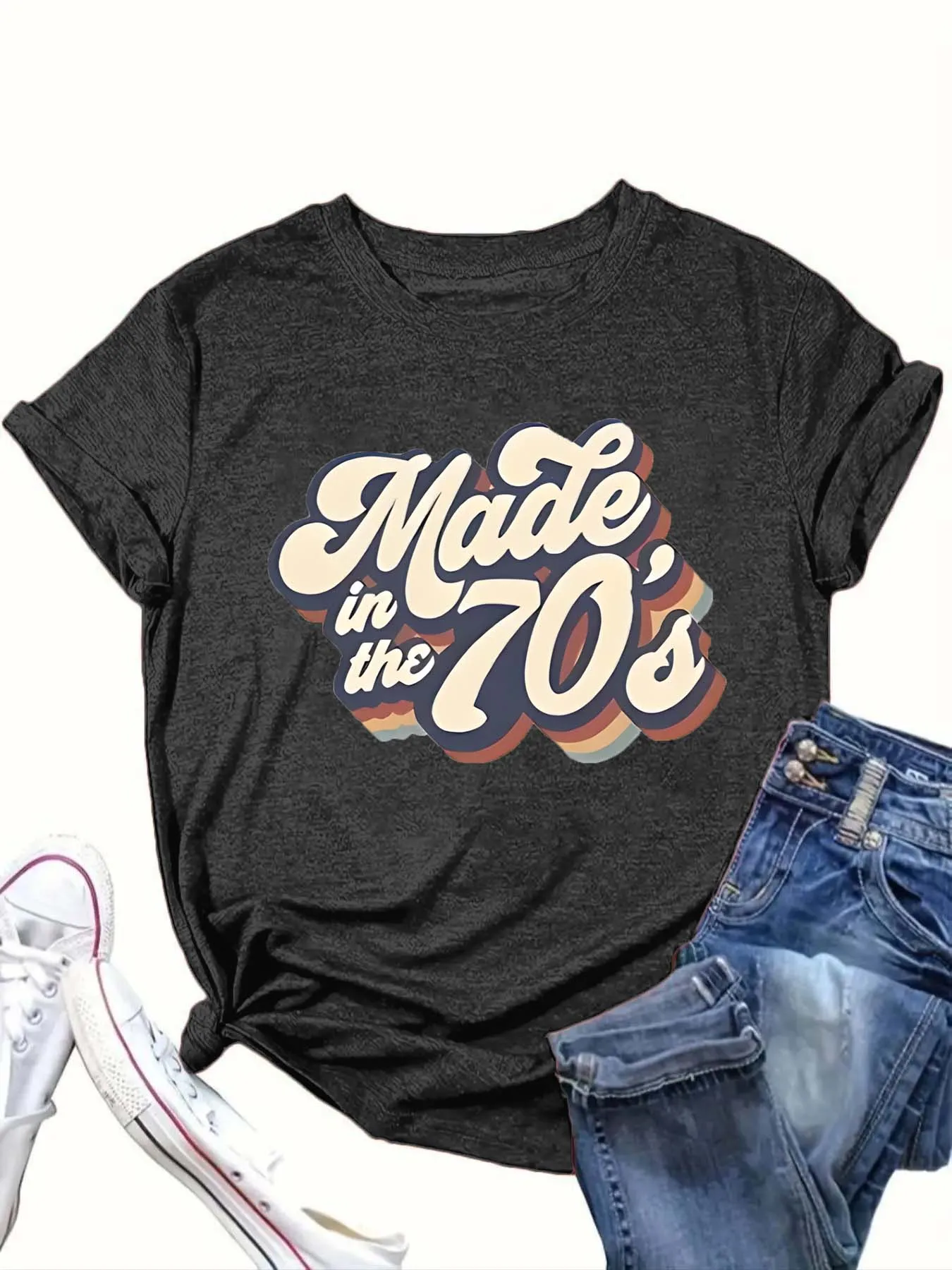 

Round Neck T - Shirt with 'Made in the 70's' Retro - style Print: Nostalgic - trendy and 70s - inspired