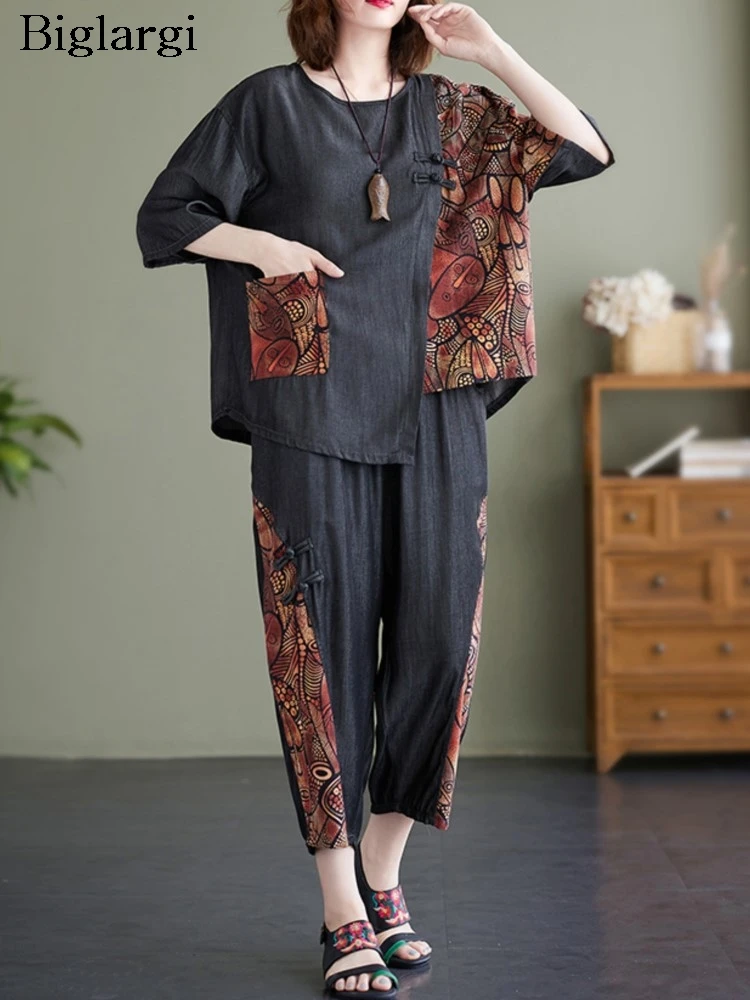 

Oversized Summer Print 2 Two Piece Set Women Irregular Patchwork Fashion Casual Ladies Blouses Loose Woman Harem Pant