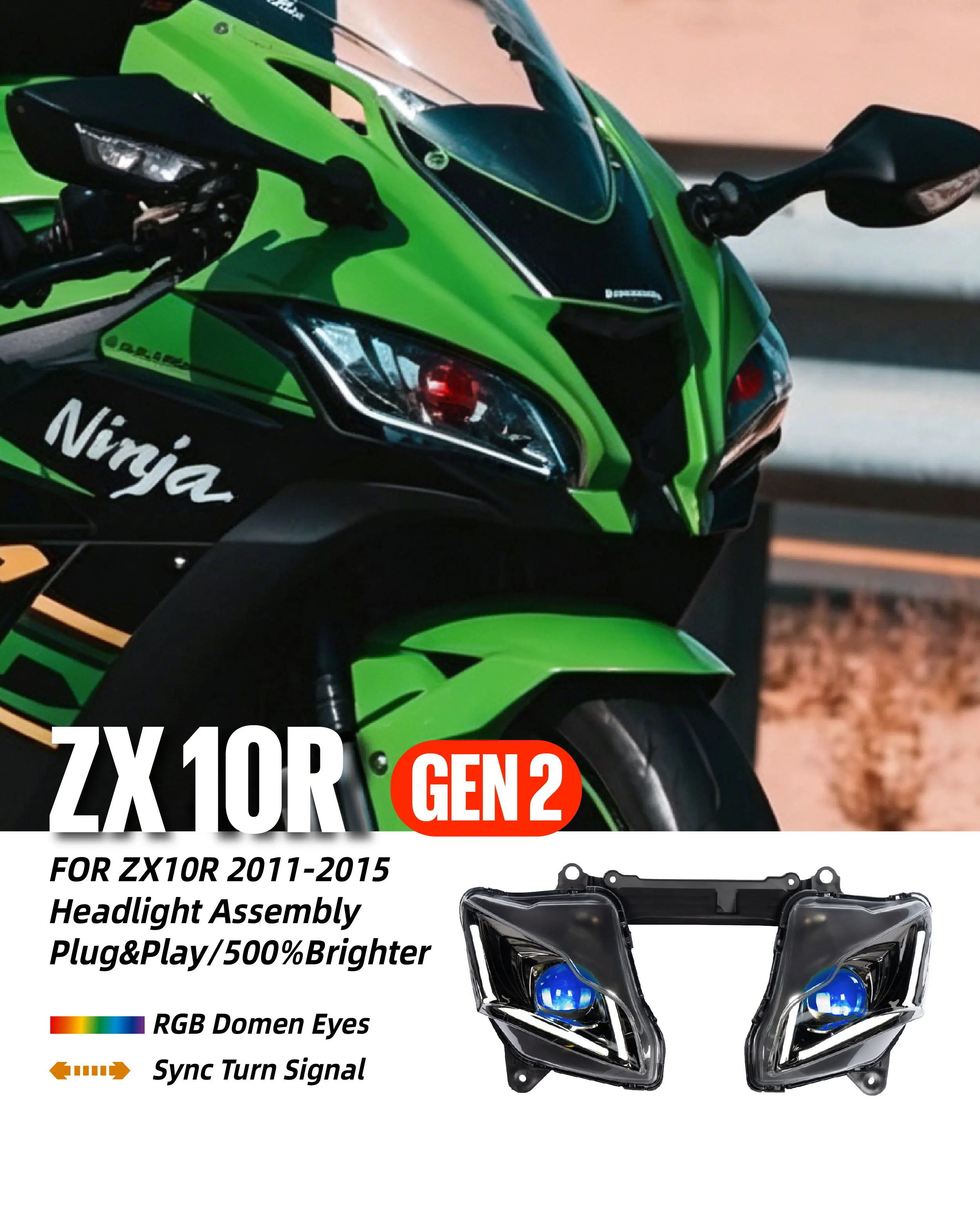 KT Full LED Front Headlight Assembly For Kawasaki Ninja ZX10R ZX-10R 2011-2015 Optical Fiber RGB Multi-color Change Demon Eye