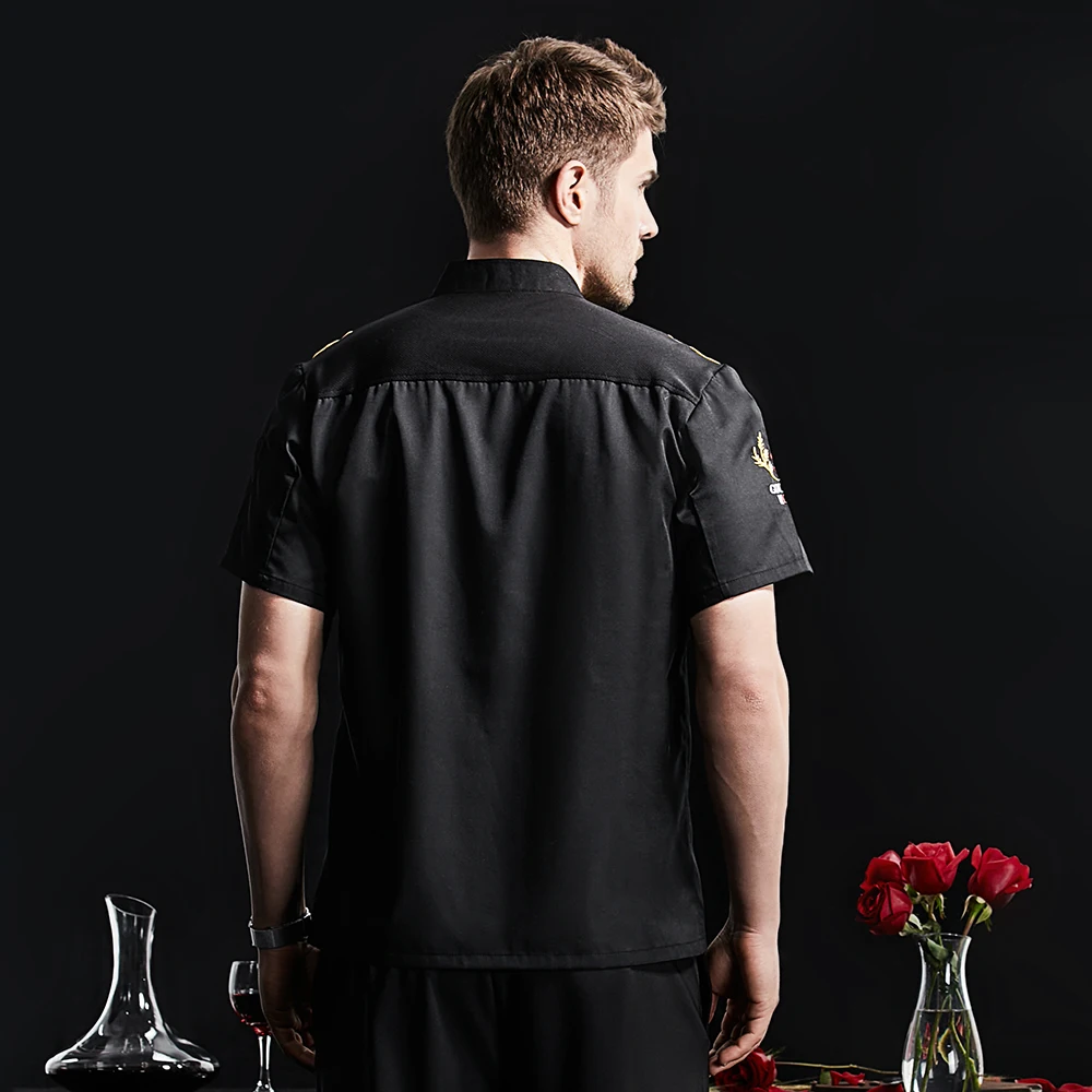 New Jacket Men Short Sleeve Kitchen Uniform Fashion Chef Coat Abrasion Resistant Catering Shirt Bakery Waiter Workwear