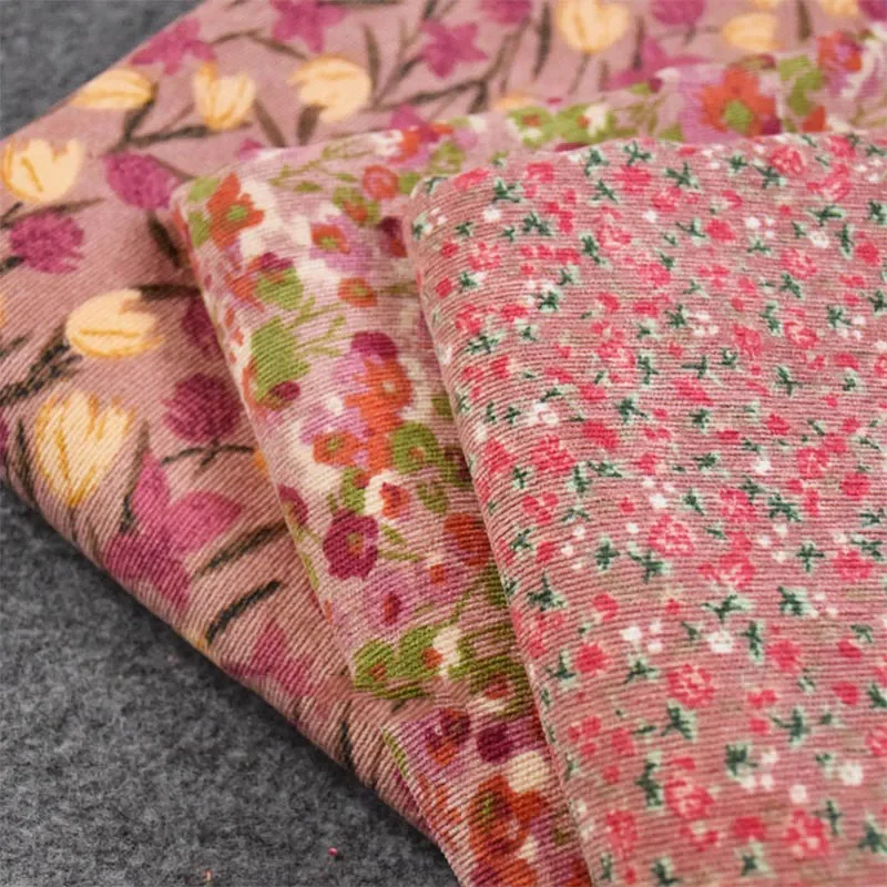 Printed Corduroy Fabric By Meters for Upholstery Dress Clothes Pillowcase Coat Diy Sewing Cloth Soft Warm Floral Beige Pink Red