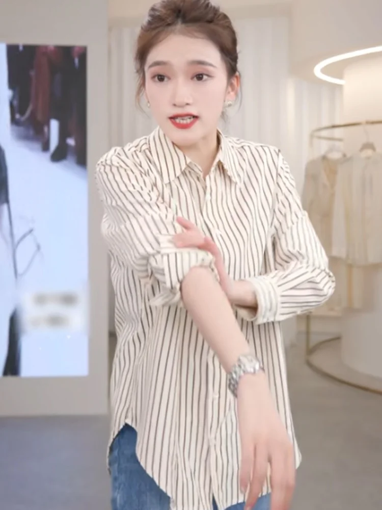 スリムフィット ロング丈 ストライプ柄 通勤用 シフォン トップス レディース ファッション 日焼け防止服 春 2024