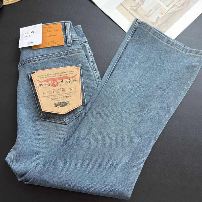 

Расклешенные джинсы с высокой талией, женские весенние модные дизайнерские эластичные джинсовые брюки с двумя пуговицами и девятью точками, повседневная женская одежда