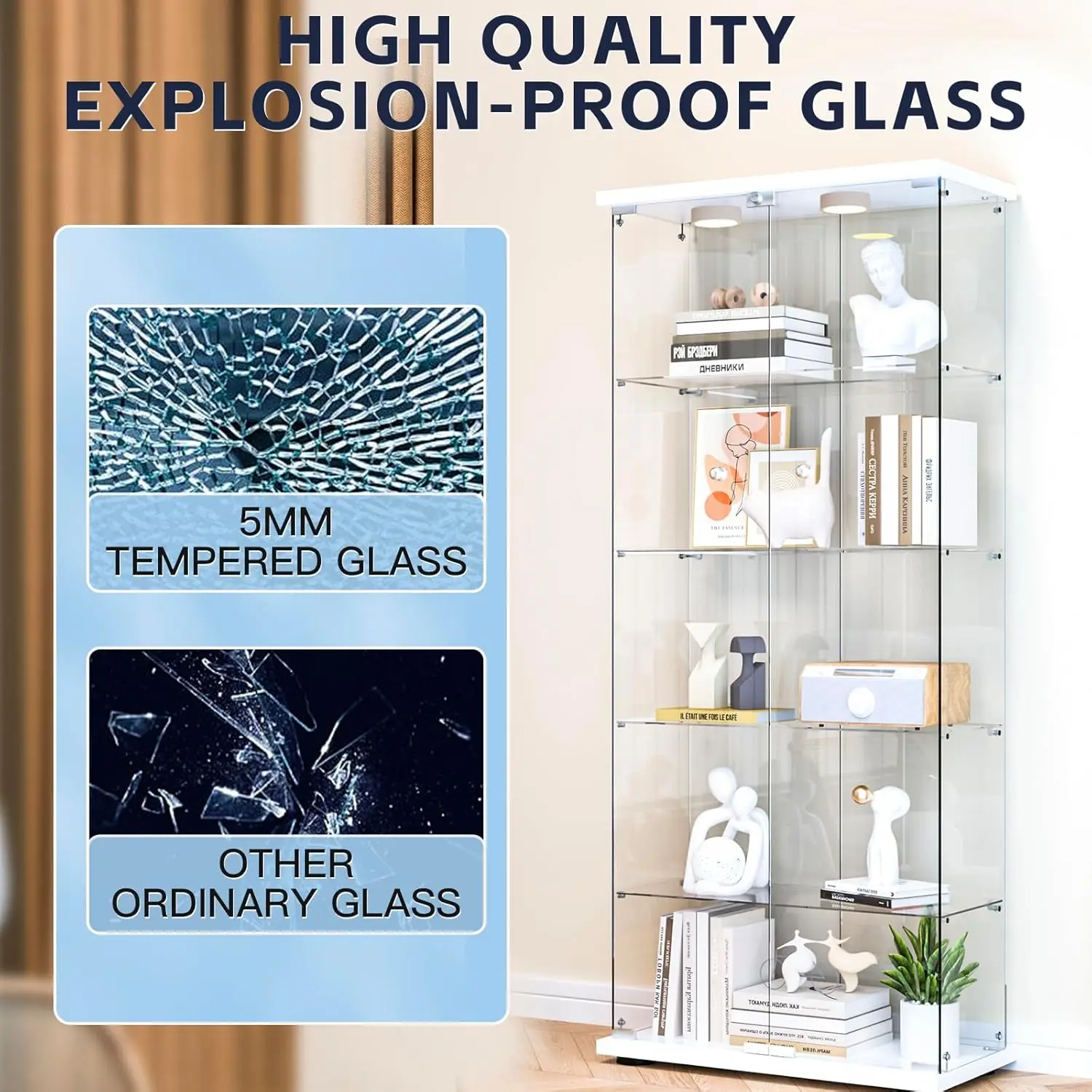 Display Cabinet with Two LED Lights, Quick-Install Style 5-Shelf Curio Cabinet - 2 Door Glass Display Case with 5mm Tempered